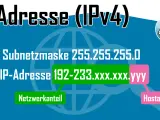 IP-Adresse (IPv4) mit Subnetzmaske 255.255.255.0. Der Netzwerkanteil ist 192-233, der Hostanteil ist xxx.yyy.