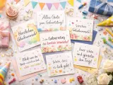 Geburtstagskarten mit Sprüchen, Geschenken, Cupcakes und Konfetti.