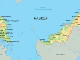 Mapa pokazuje, gdzie leży Malezja, między Tajlandią a Indonezją, otoczona Morzem Południowochińskim i Morzem Celebes.