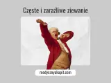 Człowiek w czerwonym płaszczu ziewając, jakby nie mógł złapać pełnego oddechu. Ziewanie jest zaraźliwe.