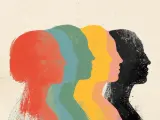 Un tableau contemporain abstrait de silhouettes de visages colorés, alignées et se superposant, évoquant la diversité et l'unité.