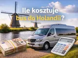 Ile kosztuje bus do Holandii? Stos pieniędzy i kalkulator obok srebrnego busa na tle holenderskich wiatraków.