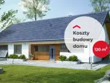 Nowoczesny dom 200m2 z garażem, drewnianą elewacją i dużym ogrodem. Na wizualizacji widnieje napis "Koszty budowy domu 120 m²".