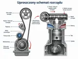 Schemat silnika z rozrządem DOHC. Pasek napędza wałek rozrządu, który steruje zaworami. Wał korbowy napędza pasek.