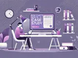 Ilustracja pokazuje osobę uczącą się, jak napisać case study. Na ekranie laptopa widnieje tytuł "HOW TO WRITE A CASE STUDY".