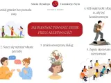 Grafika pokazuje 5 kroków, jak budować pewność siebie przez asertywność: stawianie granic bez poczucia winy, wyrażanie potrzeb, zmiana dialogu wewnętrznego, konsekwencja i kurs asertywności.