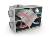 Ventilationsaggregat med FTX-installation. Visar hur varm och kall luft utbyts för energieffektivitet.
