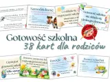 Zestaw 38 kart z prostymi zadaniami do wykonania dla dzieci, wspierającymi gotowość szkolną.