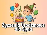 Chłopiec w czapce urodzinowej zdmuchuje świeczki z tortu. Balony i konfetti tworzą radosną atmosferę. Idealne życzenia urodzinowe dla syna.