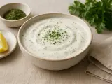 A bowl of creamy ranch dressing with herbs, a lemon wedge, and a small dish of dried herbs.