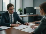 Un homme en costume signe un document, possiblement une modification du contrat de travail, face à une femme dans un bureau moderne.