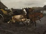 Dynamiczna scena z obrazu Chełmońskiego: czwórka koni w galopie, powóz, chłopi i wiejskie chałupy.