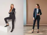 Dwie kobiety w eleganckich garniturach. Jedna w sportowych butach, druga w szpilkach. Jakie buty do garnituru damskiego zimą?