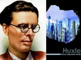 Portret Aldousa Huxleya obok futurystycznego miasta, wizji antyutopii z "Nowego wspaniałego świata".
