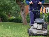 Mężczyzna w niebieskich ogrodniczkach kosi trawnik. Widać skoszoną, suchą trawę po pracy kosiarki.