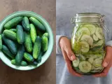 En skål med färska gurkor bredvid en burk med inlagd gurka, redo att njutas.