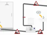 Schemat instalacji sanitarnej z rozdrabniaczem WC. Pokazuje jakie rury do rozdrabniacza WC są potrzebne, uwzględniając spadki.
