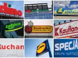 Logo sklepów: Dino, Eurocash, Lewiatan, Żabka, Biedronka, Kaufland, Auchan, Lidl, Specjał. Zastanawiasz się, ile zarabia się w Żabce?