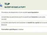 Illustration expliquant la TUP : procédure de dissolution sans liquidation où l'ensemble du patrimoine est transmis, assurant une transmission universelle de patrimoine.