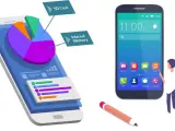 Program do odzyskiwania danych z telefonu pokazuje wykres kołowy pamięci wewnętrznej i karty SD. Obok smartfon z ikonami aplikacji.