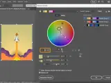 Panel "Recolor Artwork" w Adobe z kołem kolorów, rakietą kosmiczną i opcjami zmiany barw.