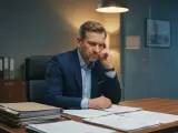 Zamyślony prezes spółki z o.o. przy biurku, zastanawia się, czy odpowiada swoim majątkiem.
