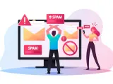 Osoba zrezygnowana przed monitorem z powiadomieniami SPAM, a kobieta z telefonem odbiera kolejne niechciane wiadomości.