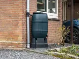 Zbiornik na wodę opadową przy ceglanym domu, zbierający deszczówkę z rynny. Ekologiczne rozwiązanie dla ogrodu.