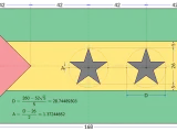 Schemat flagi São Tomé i Príncipe z wymiarami, kolorami (zielony, żółty, czerwony) i dwoma czarnymi gwiazdami.