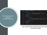 Grafika przedstawia fragment kodu HTML z tekstem "Przykładowa strona internetowa" w okręgu.