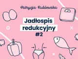Tania dieta odchudzająca - jadłospis redukcyjny #2. Ilustracje: jajka, ryba, papryka, brokuły, waga, sylwetka.