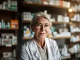 Uśmiechnięta farmaceutka w okularach, w białym fartuchu, wśród aptecznych półek. To ulga dla pracujących seniorów, którzy szukają tu wsparcia.