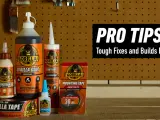 A collection of Gorilla Glue products, including wood glue, original glue, heavy duty construction adhesive, super glue, mounting tape, and black tape, displayed as a guide for tough fixes.