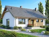 Nowoczesny dom z białym tynkiem i drewnianymi elementami. Idealny dla szukających darmowe projekty domów 100m2.