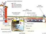 Schemat przydomowej oczyszczalni ścieków z procesem napowietrzania. Pokazuje przepływ ścieków, gazów i powietrza.