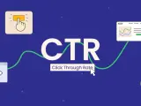 Grafika wyjaśnia, czym jest CTR (Click Through Rate). Widzimy ikonki przycisku, oka, wykresu i tortowego, a także napis "Click Through Rate".