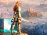 Kobieta z mieczem, gotowa do walki w nowym świecie God of War. W tle mgliste krajobrazy i latające stworzenia.