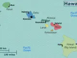 Mapa pokazuje, gdzie leżą Hawaje na mapie Pacyfiku, z zaznaczonymi wyspami: Kauai, Oahu, Maui, Molokai, Lanai, Kahoolawe i Hawaii (Big Island).