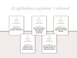 Karty z pytaniami na wieczór panieński: "wymień 3 prezenty na wieczór kawalerski", "wymień 3 członków rodziny Panny Młodej", "wymień 3 ulubione napoje alkoholowe Panny Młodej", "wymień 3 rzeczy, które zdarzyło Ci się zrobić po pijaku", "wymień 3 rzeczy...