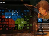 Menú de habilidades de "Shadow of the Tomb Raider", con Lara Croft al fondo. Se muestra la habilidad "Comida de Lechuza".