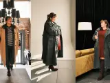 Kobieta w różnych stylizacjach plus-size: płaszcze, sukienka, sweter, spodnie.