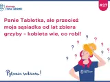 Rodzice zastanawiają się, od ilu lat dzieci mogą jeść grzyby. Ilustracja przedstawia zamyśloną osobę z dzieckiem na ramionach, otoczoną znakami zapytania.