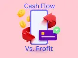 Illustration showing coins, a smartphone, a credit card, and arrows, representing the concept of cash flow vs. profit.