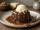 En läcker sticky toffee pudding med en kula vaniljglass och rinnande kolasås.