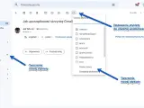 Zrzut ekranu z poczty Gmail. Strzałki wskazują opcje tworzenia i dodawania etykiet do wiadomości, pomagając w organizacji skrzynki.