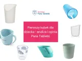 Różne rodzaje kubeczków do nauki picia dla dzieci, w tym z uchwytami i z motywem słoni.
