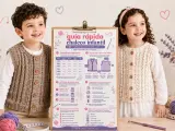 Niños sonriendo, uno con chaleco tejido marrón, otro con chaleco tejido crema. Un cartel muestra la guía rápida de patron chaleco niño.