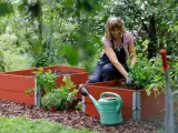 Kvinna planterar i odlingslådor på sin egen jord. Vattenkanna och grönska runtom.