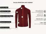 Bordowa bluza sportowa 100% merino z wysoką stójką, zamkiem na całej długości, kieszeniami i otworami na kciuki. Idealna bluza w góry.