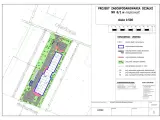 Projekt zagospodarowania działki z zaznaczoną powierzchnią zabudowy zgodnie z prawem budowlanym, drogami, parkingiem i zielenią.